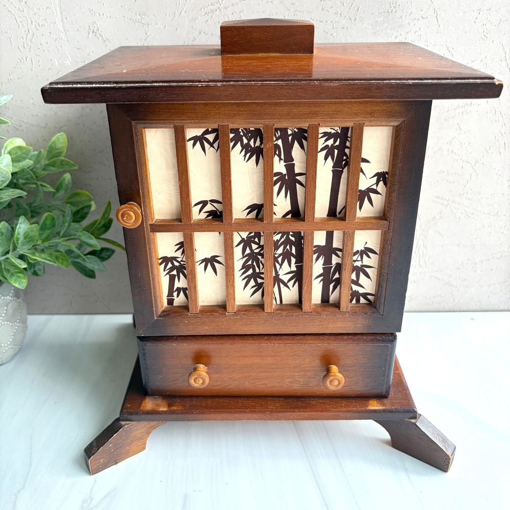 Vintage Japanese Pagoda Style Wooden Jewelry Music Box Bamboo Design